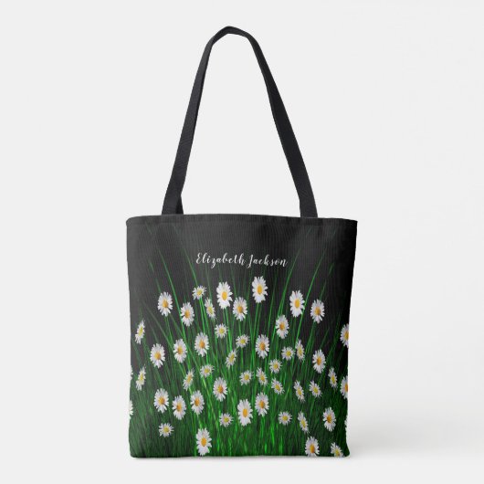 White daisials florals black name script tote bag (Achterkant)