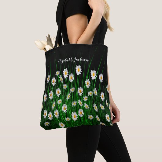 White daisials florals black name script tote bag (Dichtbij)