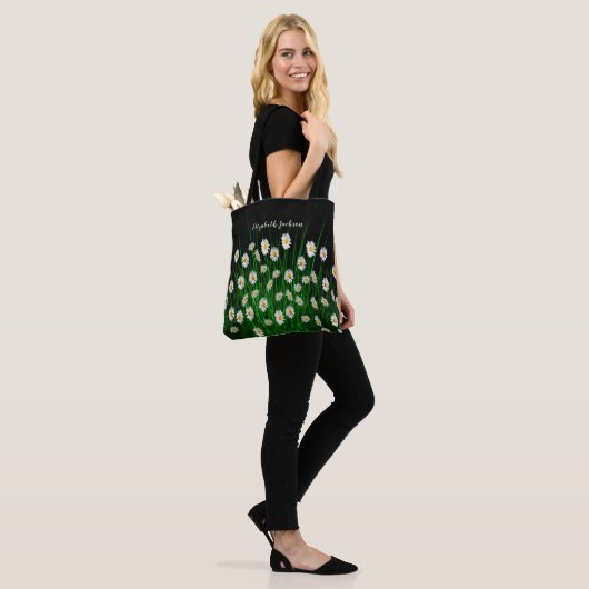 White daisials florals black name script tote bag (Op model)