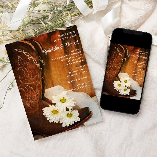 White Daisies Cowboy Boots country Western Wedding Kaart