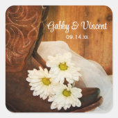 White Daisies Cowboy Boots country Western Wedding Vierkante Sticker (Voorkant)