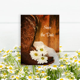White Daisies Cowboy Boots Wedding Save the Date Aankondigingskaart