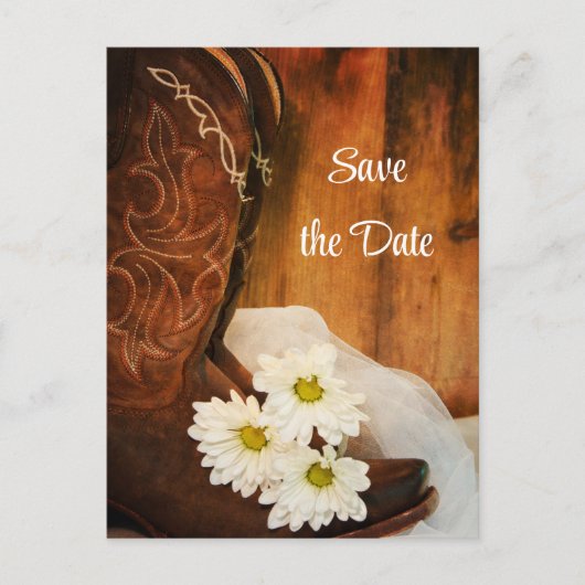 White Daisies Cowboy Boots Wedding Save the Date Aankondigingskaart (Voorkant)
