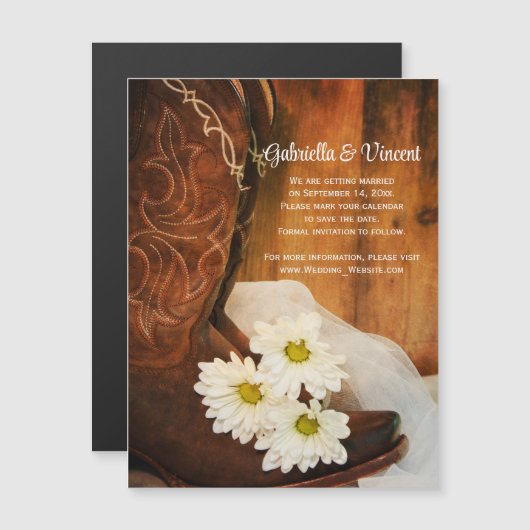 White Daisies Cowboy Boots Wedding Save the Date Magnetische Uitnodiging (Voorkant / Achterkant)