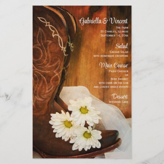 White Daisies Cowboy Boots Western Wedding Menu (Voorkant)