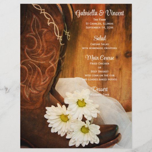 White Daisies Cowboy Boots Western Wedding Menu (Voorkant)