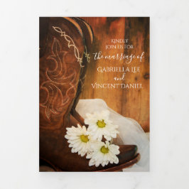 White Daisies en Cowboy Boots Western Wedding Drieluik Uitnodiging