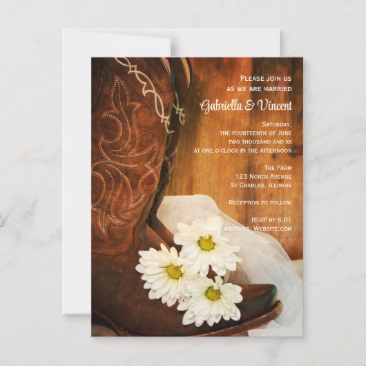 White Daisies en Cowboy Boots Western Wedding Magnetische Uitnodiging (Voorkant)