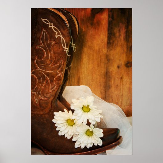 White Daisies en Cowboy Boots Western Wedding Poster (Voorkant)