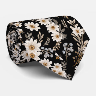 White Daisies Floral Pattern Black Stropdas