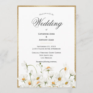 White Daisies Floral Waterverf Gold Wedding Kaart
