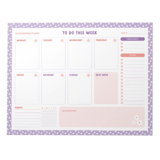 White Daisies Floral Weekly to Do Lijst Planner Notitieblok (Voorkant)