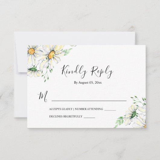 White Daisies Greenery Floral Waterverf Wedding RSVP Kaartje (Voorkant)