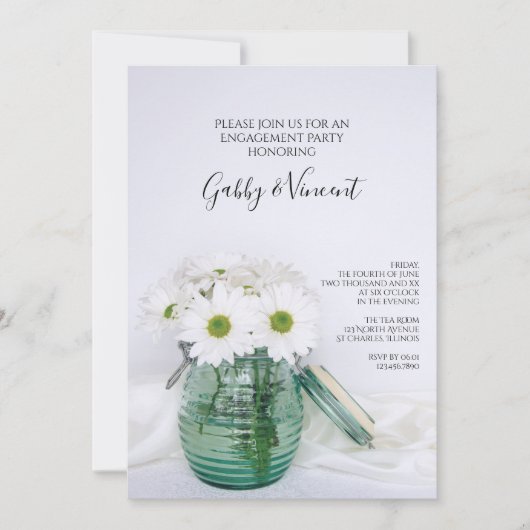 White Daisies in Blue Jar Engagement Party Kaart (Voorkant)
