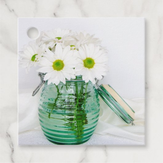 White Daisies in Blue Jar Vase Wedding Bedankjes Labels (Voorkant)