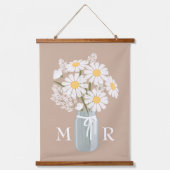 White Daisies Mason Jar Monogram op Beige Hangend Wandkleed (Voorkant)