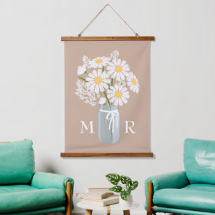 White Daisies Mason Jar Monogram op Beige Hangend Wandkleed