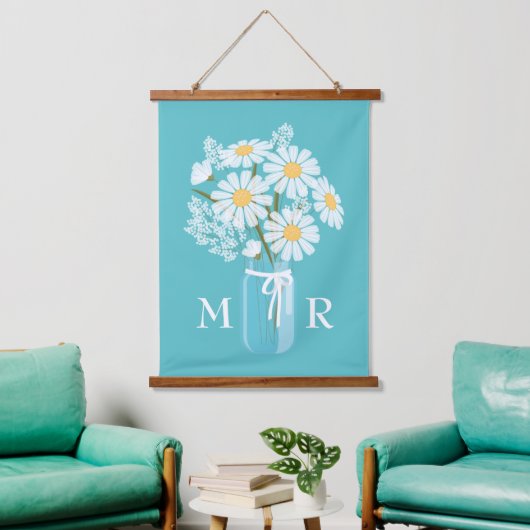 White Daisies Mason Jar Monogram op Blauwgroen Hangend Wandkleed (Woonkamer)