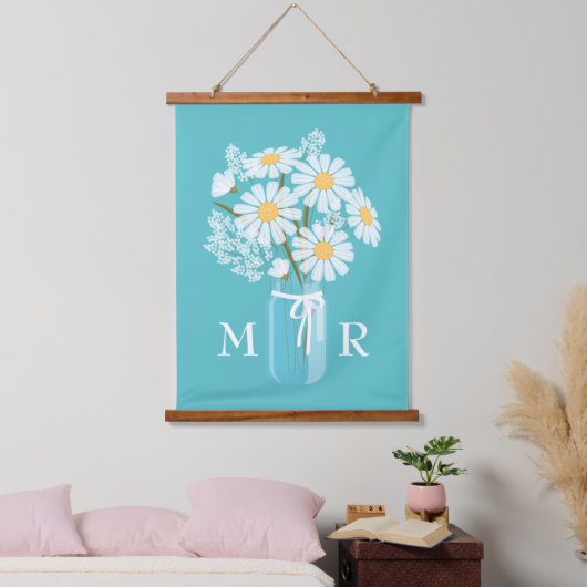 White Daisies Mason Jar Monogram op Blauwgroen Hangend Wandkleed (Slaapkamer)