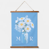 White Daisies Mason Jar Monogram op Blue Hangend Wandkleed (Voorkant)