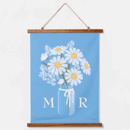 White Daisies Mason Jar Monogram op Blue Hangend Wandkleed (Voorkant)