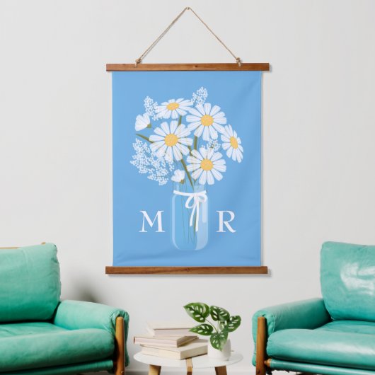 White Daisies Mason Jar Monogram op Blue Hangend Wandkleed (Woonkamer)