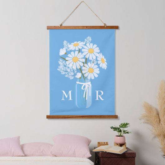 White Daisies Mason Jar Monogram op Blue Hangend Wandkleed (Slaapkamer)