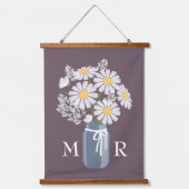 White Daisies Mason Jar Monogram op donker Paars Hangend Wandkleed (Voorkant)
