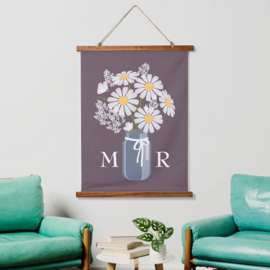 White Daisies Mason Jar Monogram op donker Paars Hangend Wandkleed (Woonkamer)