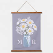 White Daisies Mason Jar Monogram op Lavender Hangend Wandkleed (Voorkant)