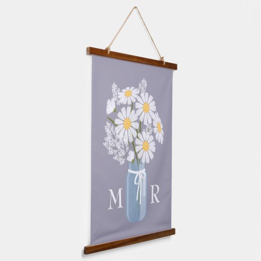 White Daisies Mason Jar Monogram op Lavender Hangend Wandkleed (Gebogen)