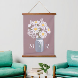 White Daisies Mason Jar Monogram op Rosy Brown Hangend Wandkleed