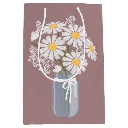 White Daisies Mason Jar over Rosy Brown Medium Cadeauzakje (Voorkant)