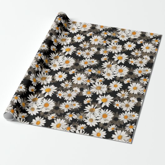 White Daisies on Black Cadeaupapier (Uitgerold)