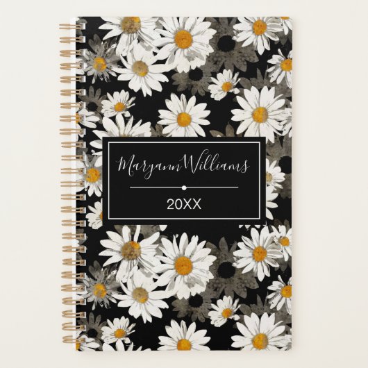 White Daisies on Black Floral Pattern Monogrammed Planner (Voorkant)