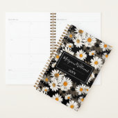 White Daisies on Black Floral Pattern Monogrammed Planner (Display)