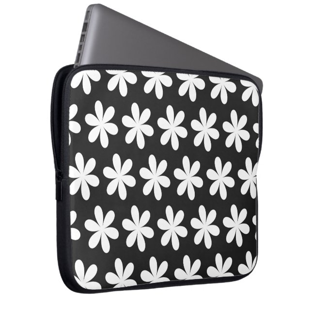 White Daisies on Black Laptop Sleeve (Voorkant Rechts)