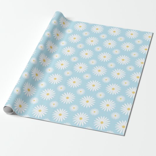 White Daisies On Blue  Cadeaupapier (Uitgerold)