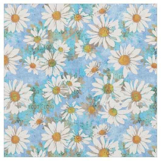 White Daisies on Blue Floral Pattern Stof (Close Up)