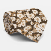 White Daisies on Brown Floral Pattern Stropdas (Opgerold)
