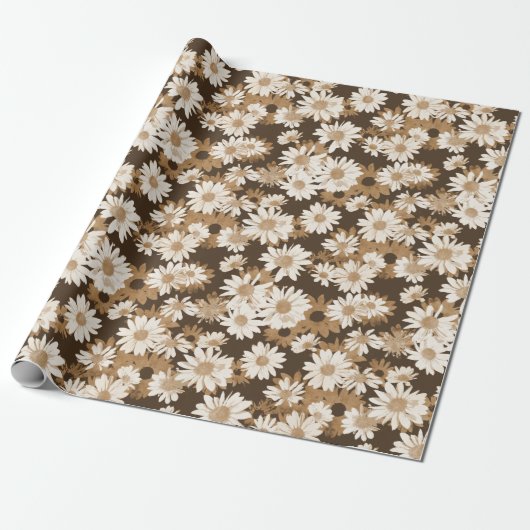 White Daisies on Chocolate Brown Floral Pattern Cadeaupapier (Uitgerold)