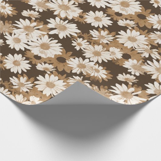 White Daisies on Chocolate Brown Floral Pattern Cadeaupapier (Hoek)