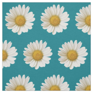 White Daisies on Dark Turquoise Floral Stof