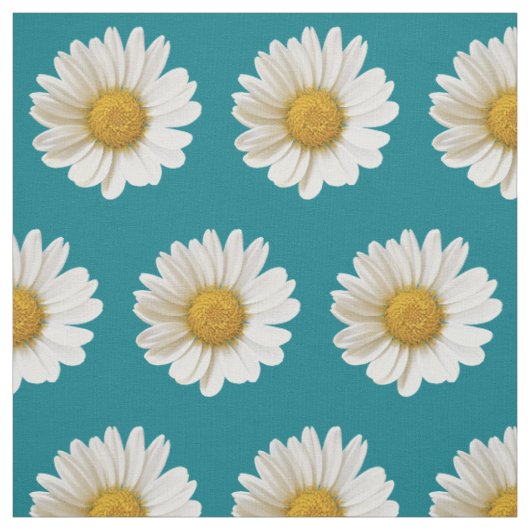 White Daisies on Dark Turquoise Floral Stof (Swatch)