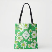 White Daisies on Green Floral Pattern Monogrammed Tote Bag (Voorkant)