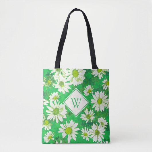 White Daisies on Green Floral Pattern Monogrammed Tote Bag (Voorkant)