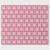 White Daisies on Pink and White Gingham Cadeaupapier (Vlak)