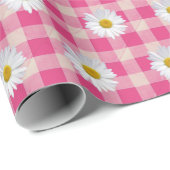 White Daisies on Pink and White Gingham Cadeaupapier (Rol Hoek)