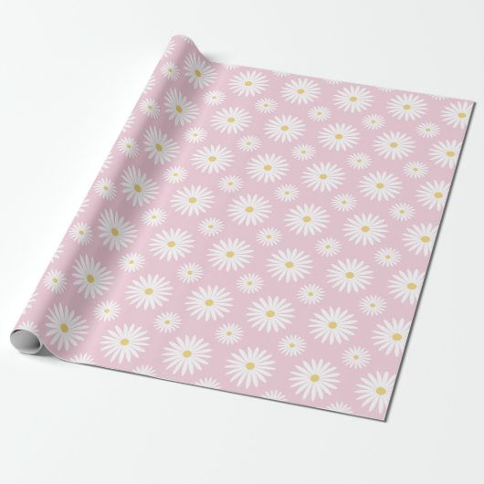 White Daisies On Pink Cadeaupapier (Uitgerold)