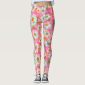 White Daisies on Pink Floral Pattern Leggings (Voorkant)